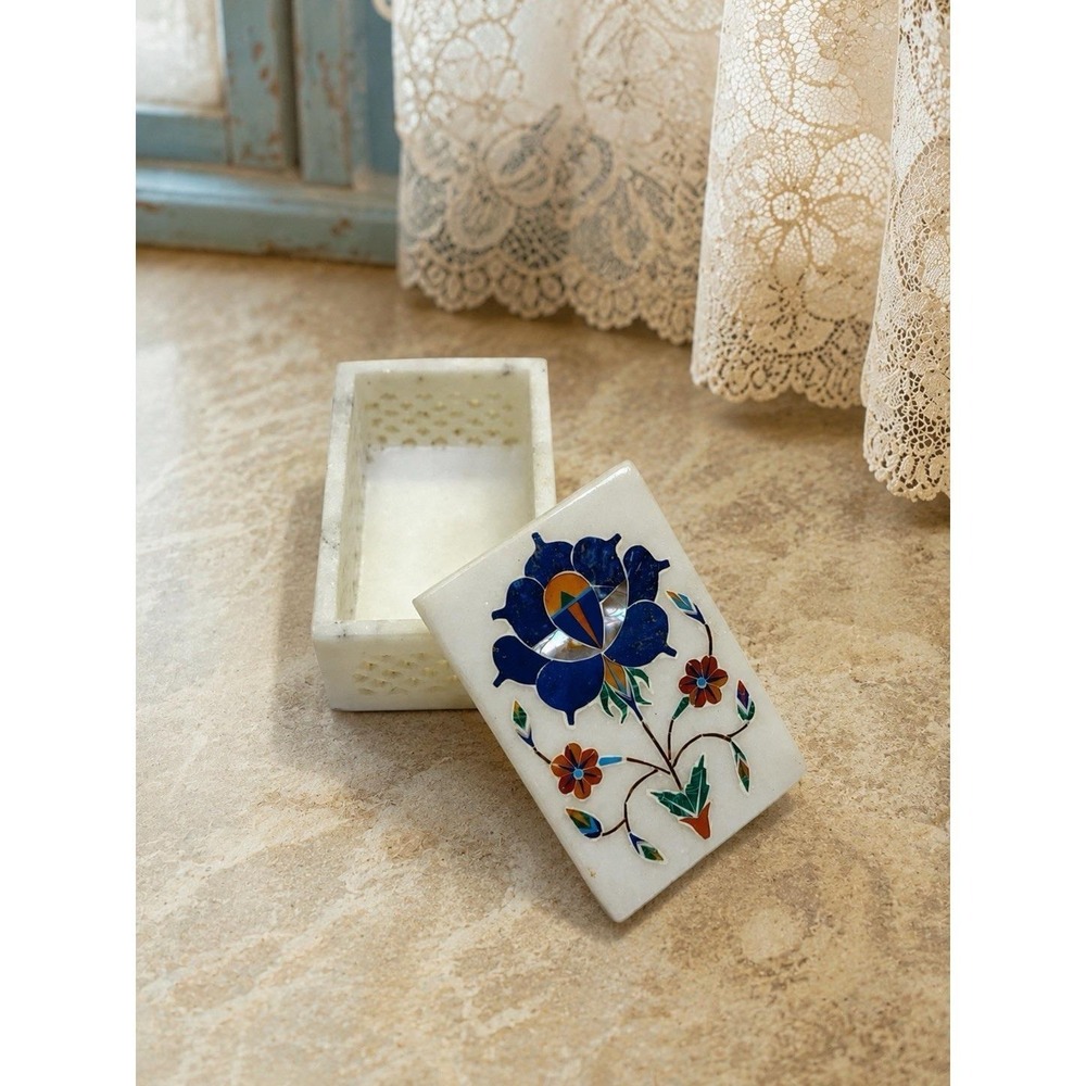 VTG Pietra Dura Art Trinket Box Marble Lapis Lazuli Jewelry Box 3.25" x 2.25"